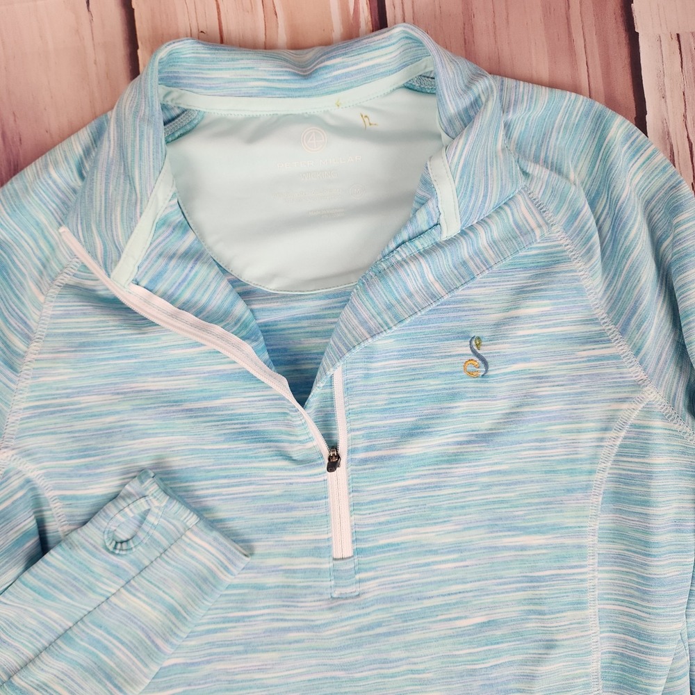 Peter Millar Size M Quarter Zip Wicking 50+ UPF L/S Green Blue Thumb Holes Logo